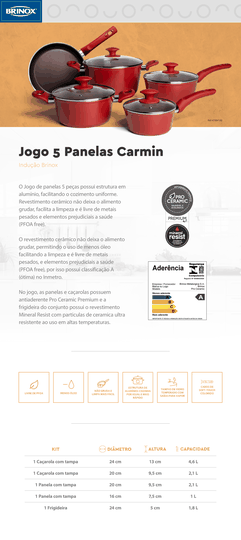 Jogo de Panelas 5 Peças Ceramic Life Optima Brinox Vermelho Carmim