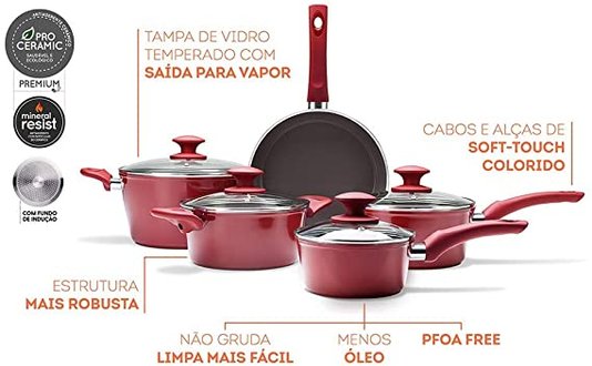 Jogo de Panelas 5 Peças Ceramic Life Optima Brinox Vermelho Carmim