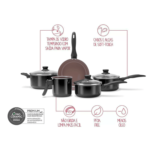 Jogo De Panelas Antiaderente Brinox Ceramic Life Easy 5peças Preto