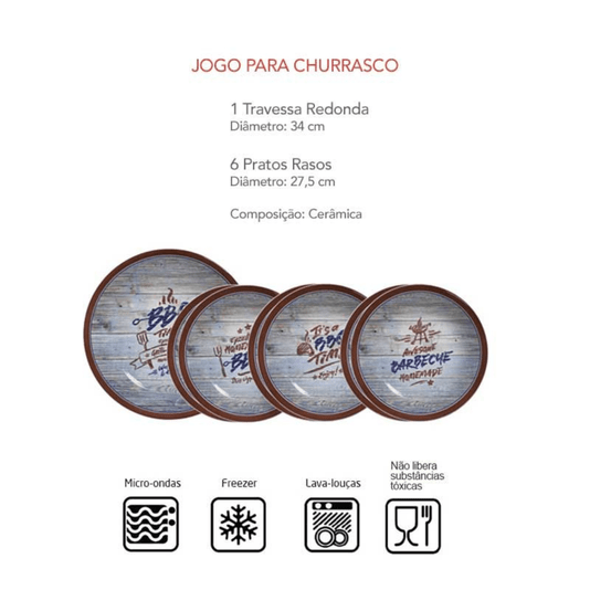 Jogo de Pratos Para Churrasco Cerâmica Barbecue 7 Peças