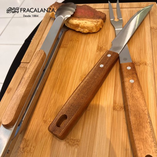 Jogo Para Churrasco Beef Club 3 Peças Em Aço Inox Com Cabo Madeira Acacia Fracalanza