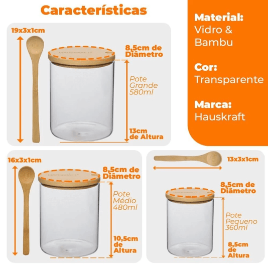 Jogo Potes Porta Condimentos Vidro com Colher Suporte Bambu