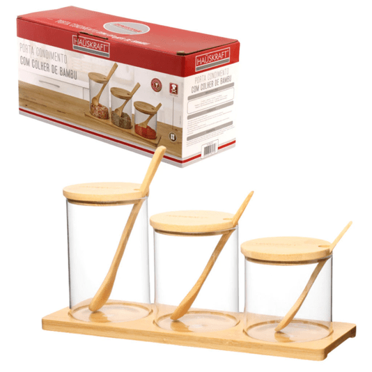 Jogo Potes Porta Condimentos Vidro com Colher Suporte Bambu