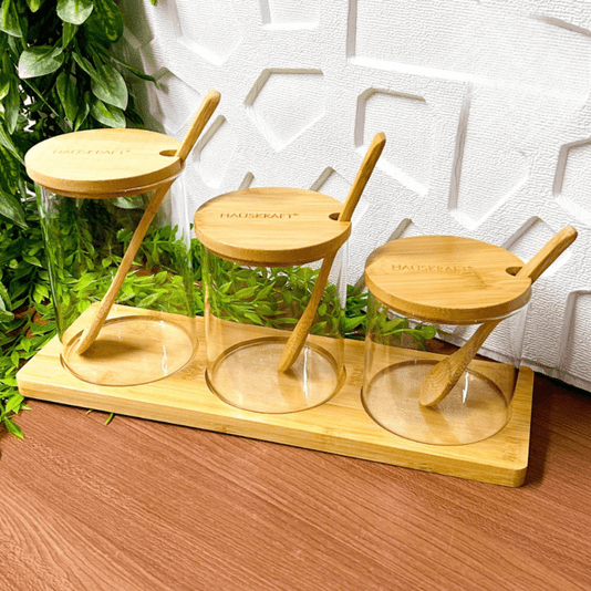 Jogo Potes Porta Condimentos Vidro com Colher Suporte Bambu