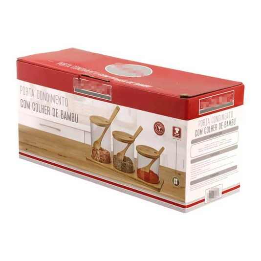 Jogo Potes Porta Condimentos Vidro com Colher Suporte Bambu
