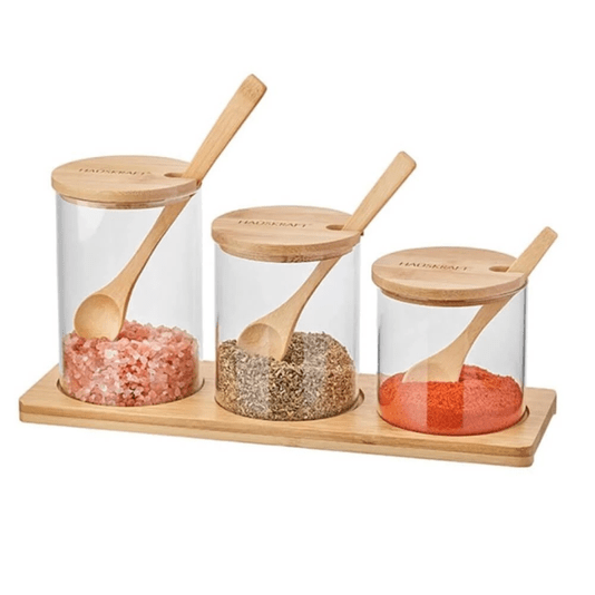 Jogo Potes Porta Condimentos Vidro com Colher Suporte Bambu
