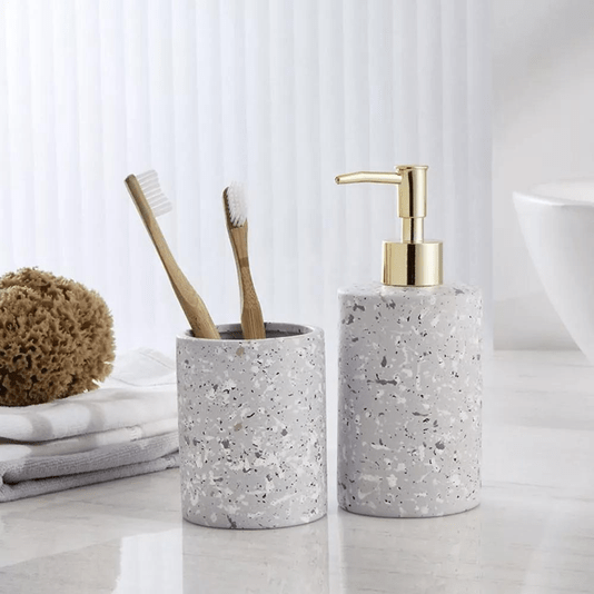 Kit Banheiro Granilite Cinza E Dourado Em Cerâmica 2 Peças