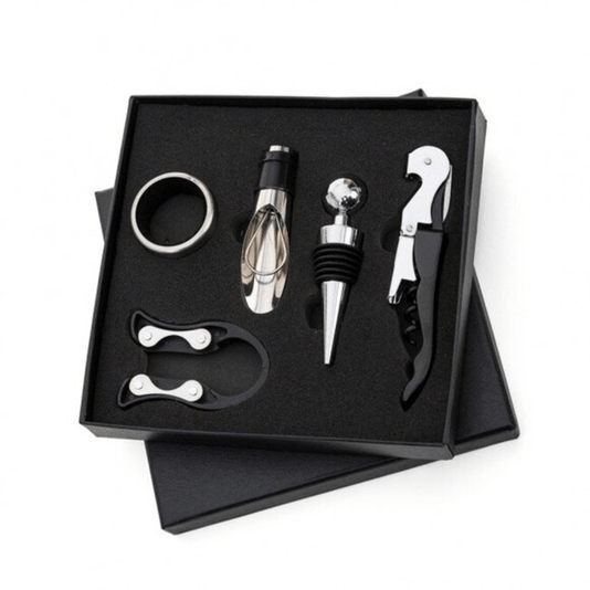 Kit Para Vinho Com 5 Peças Metal Estojo De Couro 