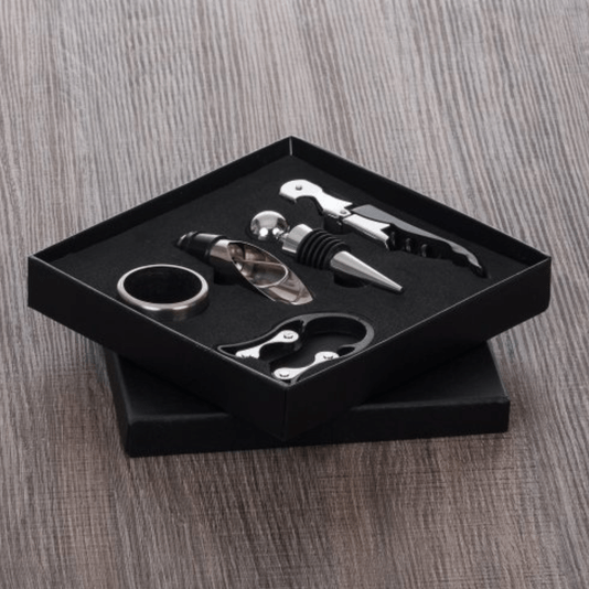 Kit Para Vinho Com 5 Peças Metal Estojo De Couro 
