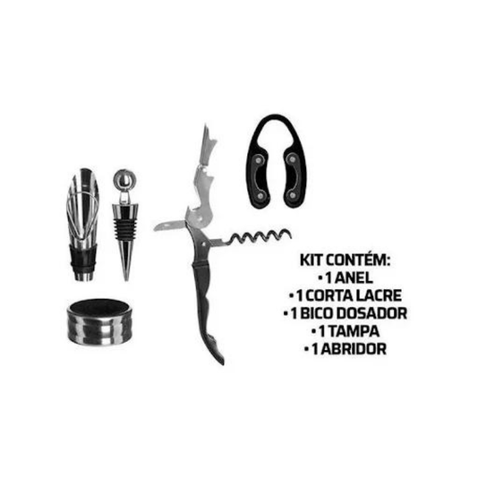 Kit Para Vinho Com 5 Peças Metal Estojo De Couro 