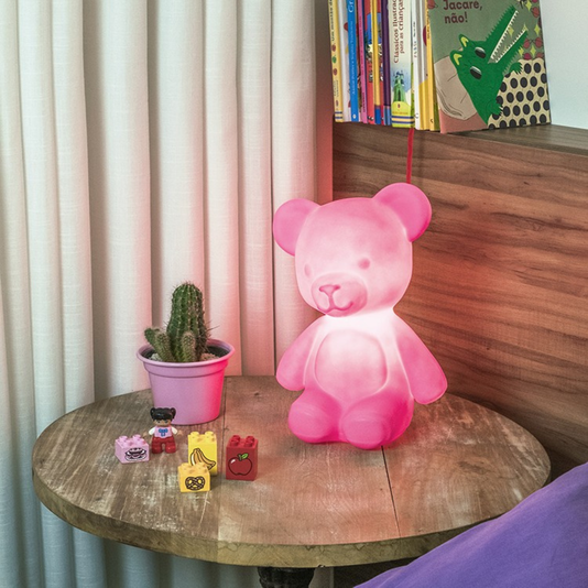 Luminária Abajur Urso Teddy Rosa Com Lâmpada Led