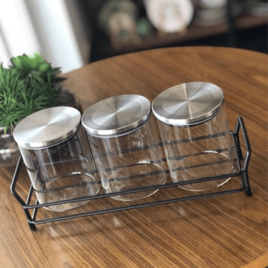 Porta Condimentos E Tempero Com 3 Potes Em Vidro Com Tampa Metal 350ml