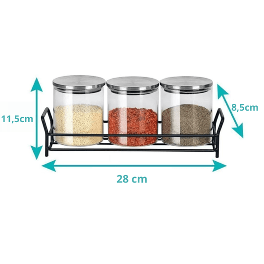 Porta Condimentos E Tempero Com 3 Potes Em Vidro Com Tampa Metal 350ml