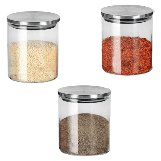 Porta Condimentos E Tempero Com 3 Potes Em Vidro Com Tampa Metal 350ml