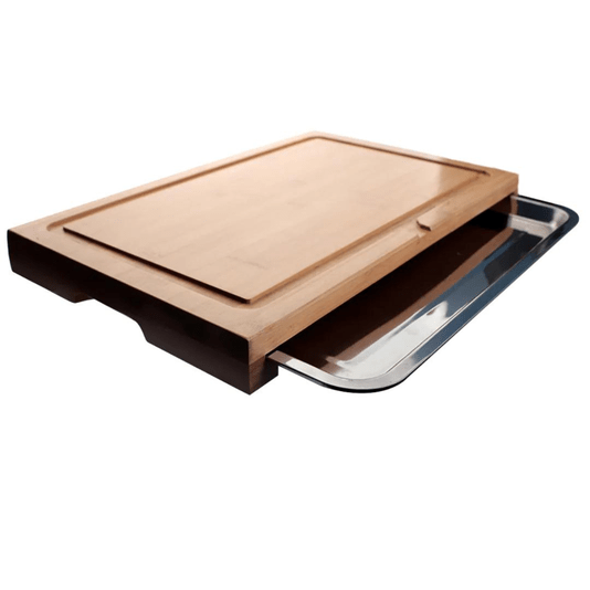 Tabua Para Corte Em Bambu Com Bandeja Em Aço Inox 47,5CM