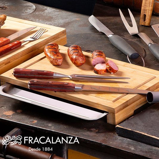 Tabua Para Corte Em Bambu Com Bandeja Em Aço Inox 47,5CM