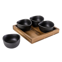 Conjunto Petisqueira Porta Aperitivos Cerâmica e Base Madeira