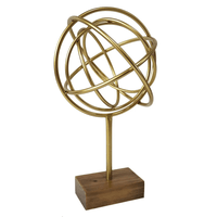 Escultura Decorativa Esfera De Metal Dourado Base Madeira