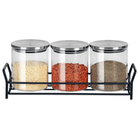 Porta Condimentos E Tempero Com 3 Potes Em Vidro Com Tampa Metal 350ml
