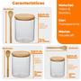 Jogo Potes Porta Condimentos Vidro com Colher Suporte Bambu
